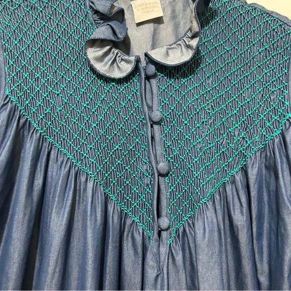 Loretta Caponi Elegant Blue Maxi Dress MockNeck Ruffle Designer Quiet Luxury Med - Picture 5 of 14